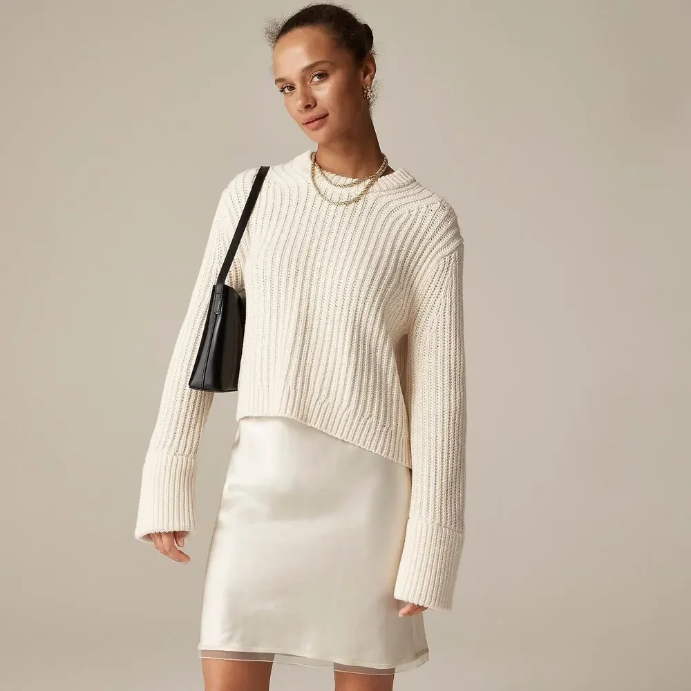J. Crew Heritage Cotton Fisherman Crewneck Sweater Antique White Size M NWT